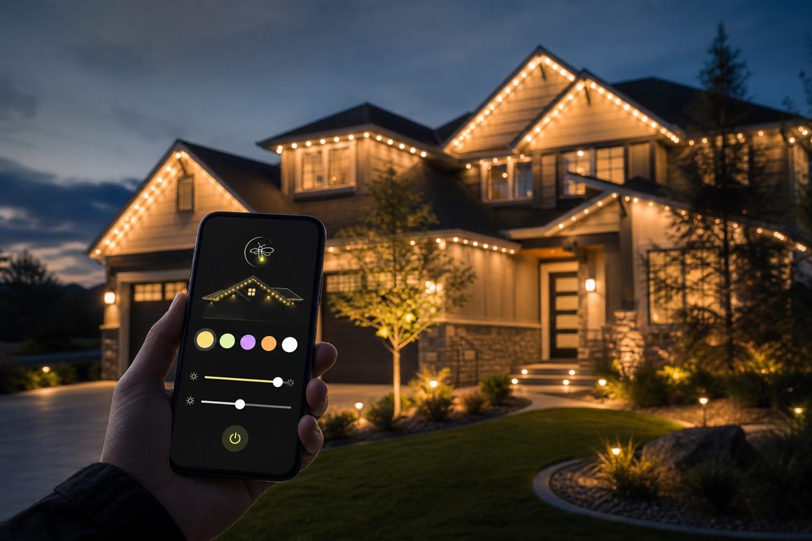 Illustrative phone lighting controls beside a home with illuminated rooflines.
