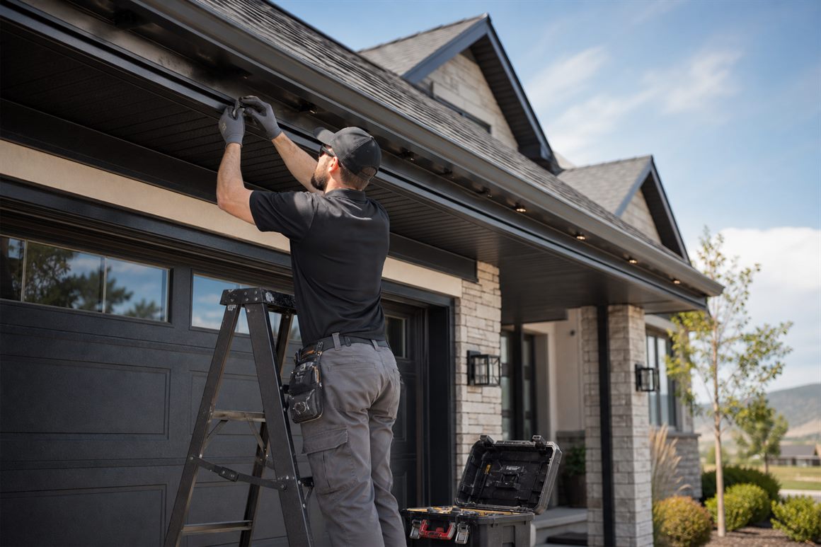 Illustration of an installer working on lighting track beneath a roofline.
