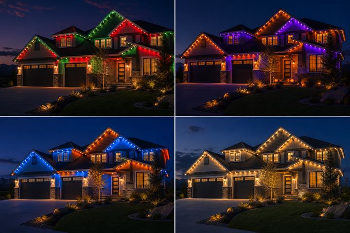 Permanent roofline lighting shown in multiple holiday and event color scenes.
