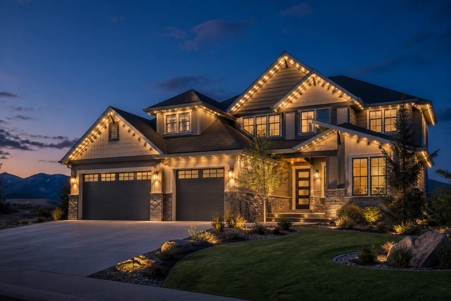 Home with elegant warm-white permanent roofline lighting at dusk.